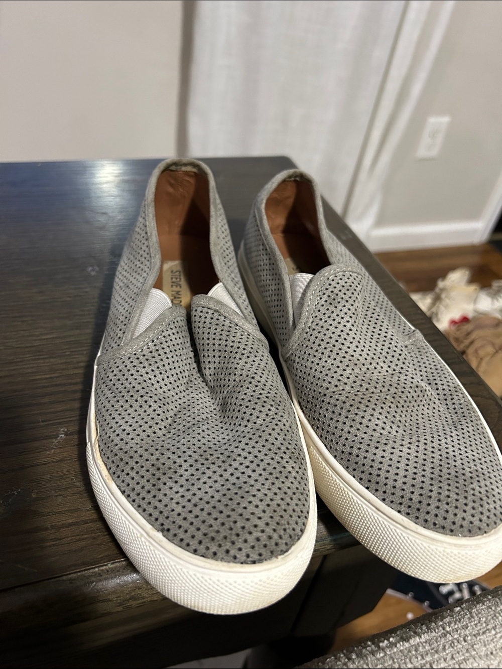 Steve Madden Zarayy Grey Suede Perforated Slip-On Loafers